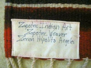 Vintage Zapotec Rug Blanket 1960s Signed Weaving 38x78 Wool Southwest Indian Art 8