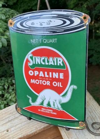 VINTAGE SINCLAIR OPALINE PORCELAIN OIL CAN SIGN GAS STATION PUMP PLATE MOTOR OIL 3