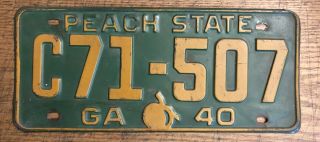 Vintage 1940 Georgia Peach State Car Auto License Plate C71 - 507