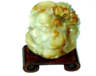 Vintage Chinese Green & Amber Jade Jadeite Buddha Figurine Statue On Fitted Wood