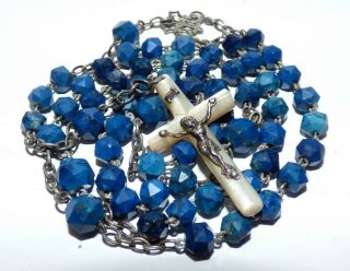 Victorian Silver Lapis Lazuli Rosary Beads Mother Of Pearl Cross Silver Christ