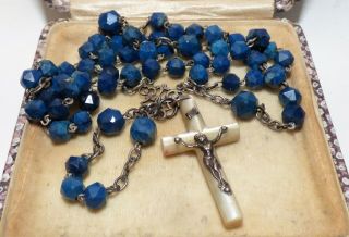 VICTORIAN SILVER LAPIS LAZULI ROSARY BEADS MOTHER OF PEARL CROSS SILVER CHRIST 2