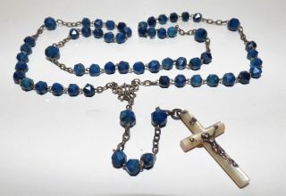 VICTORIAN SILVER LAPIS LAZULI ROSARY BEADS MOTHER OF PEARL CROSS SILVER CHRIST 3