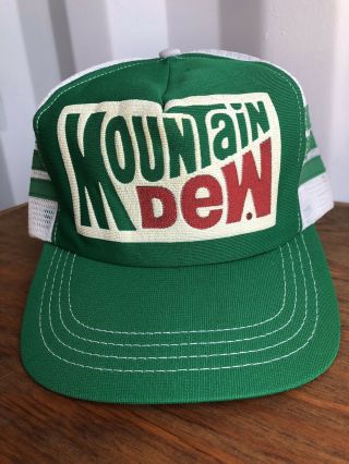 Vtg Mountain Dew Mesh Snapback Cap Unworn Trucker Hat Three Stripes Advertising