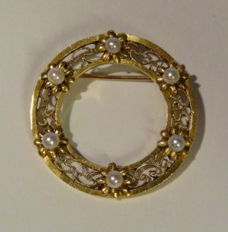 Antique 14k Yellow Gold Pin Brooch With Small Pearls,  Total Weight 4.  7 Grams