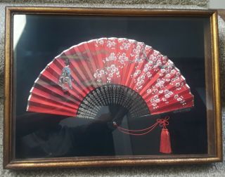 Vintage Japanese Hand Silk Paper Fan With Woman By Cherry Blossom Tree Framed
