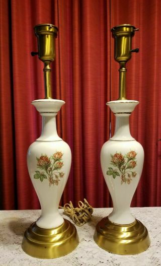 Torchiere Torch Table Lamps Vintage Set Of 2 Porcelain Roses Gold Trim 24 " High