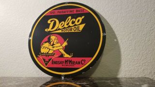 Vintage Delco Motor Oil Porcelain Gasoline Mcmillan Co Service Pump Plate Sign
