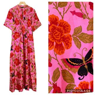 Vtg Raw Silk Maxi Dress Vibrant Pink Floral Butterflies Caftan Boho Small S Thai