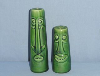 Vintage Green Tiki Salt & Pepper Shaker Mid Century Ceramic Tiki Bar Moai