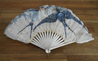 Vintage Hand Painted Feather Fan Bluebirds Or Swallows Design