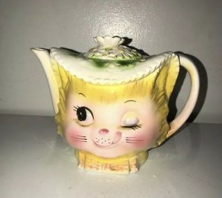 Vintage Enesco Miss Priss Winking Kitty Cat Tea Pot With Lid