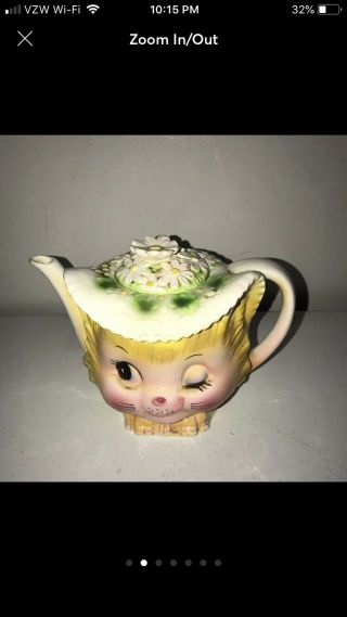 Vintage ENESCO MISS PRISS Winking Kitty Cat Tea Pot with Lid 2