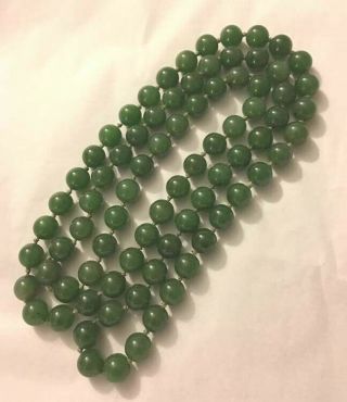 Vintage Spinach Deep Green Jade Bead Hand Knotted Necklace 10 Mm Size 36 " Long