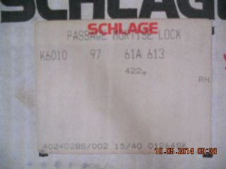 Schlage NOS vintage K6010 A61 613 RH Passage lever mortise lock.  Rhodes lever 3