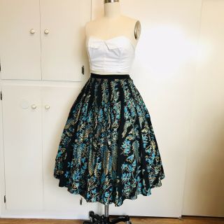 Vtg 50s L Xl W31 Maya De Mexico Mexican Full Circle Skirt Hand Painted Gold Wrap
