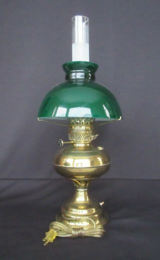Vintage Polished Brass Electrified Oil Table Lamp With Cased Green Glass Shade