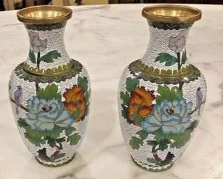 Vintage Chinese Cloisonne Copper Floral Vases.  9 - 1/2 " Height