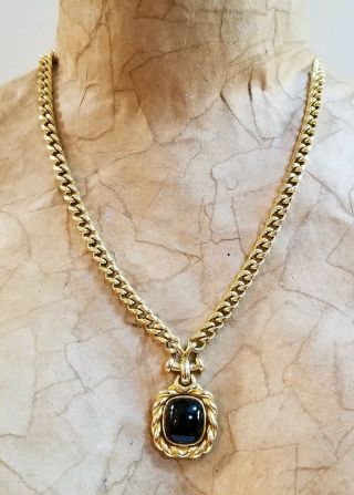 Vintage 80s Christian Dior Onyx Pendant Heavy Cuban Link Necklace 23 "