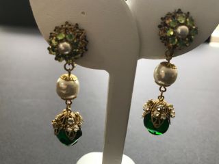 Sign Miriam Haskell Baroque Huge Green Rhinestone Beads Earrings Jewelry