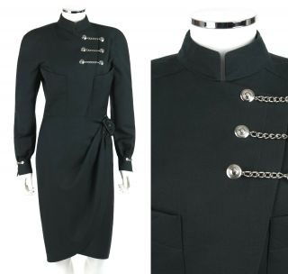Vintage Thierry Mugler Dark Forest Green Wool Military Wrap Dress Size 40