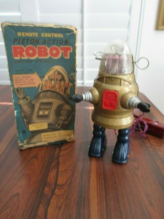 Vintage Robby The Robot - Gold Piston Action Robot W/ Box - Nomura 1960 