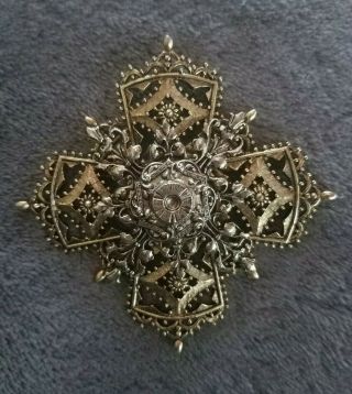 Vintage Brooch Pin Signed Art Maltese Cross Silver Gold Colors Details