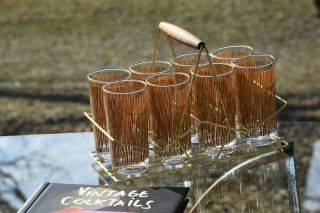 Vintage Tan And Gold Cocktail Highball Glasses With Gold Caddy,  Set Of 8