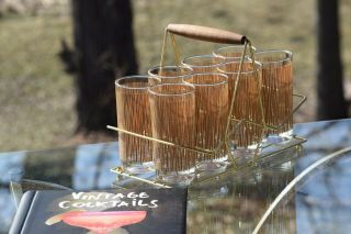 Vintage Tan and Gold Cocktail Highball Glasses with Gold Caddy,  Set of 8 4