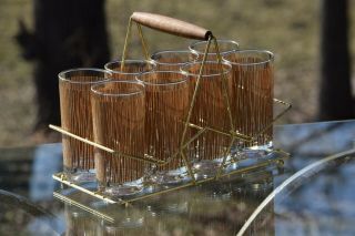 Vintage Tan and Gold Cocktail Highball Glasses with Gold Caddy,  Set of 8 6