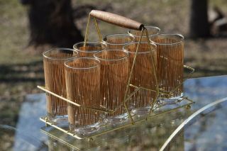 Vintage Tan and Gold Cocktail Highball Glasses with Gold Caddy,  Set of 8 7