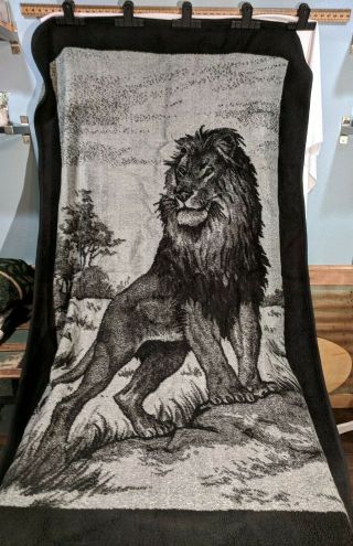 Vintage San Marcos Lion Mexican Reversible Blanket 54 " X84 " Black Gray Gorgeous