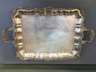 Vintage Sheridan Silver On Copper Footed Handled Engraved Butler Serving Tray