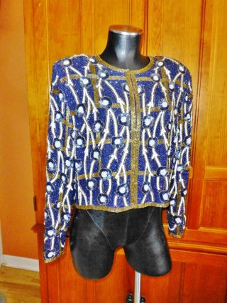 Vtg 80s Art Deco Sequin Beads Embroidered Silk Evening Formal Party Jacket Xl