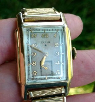 Vintage Elgin Men’s Art Deco 14k Gold Filled 17j Wrist Watch With Calendar Band