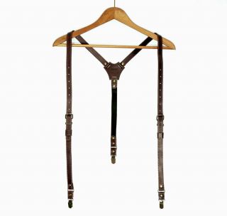 Mens Leather Suspenders Y - Back Vintage Braces Adjustable Brown Wedding Man