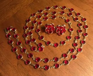 Swarovski Swan Vtg Red Crystal Bezel 36” Necklace Bracelet Clipon Set