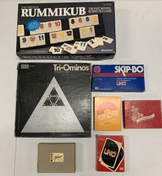 Bundle Of Vintage Board And Card Games,  Rummikub,  Playing Cards,  Uno,  O’no Etc.