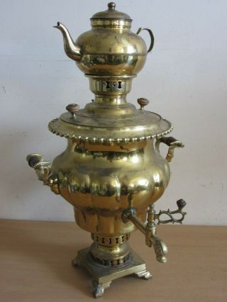 Antique 24 " Russian Large Brass Samovar Urn With Tea Pot Signed