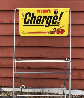 Vintage WYNN’S CHARGE Car Engine Oil Gas Service Station Display Rack 29x14x12 2