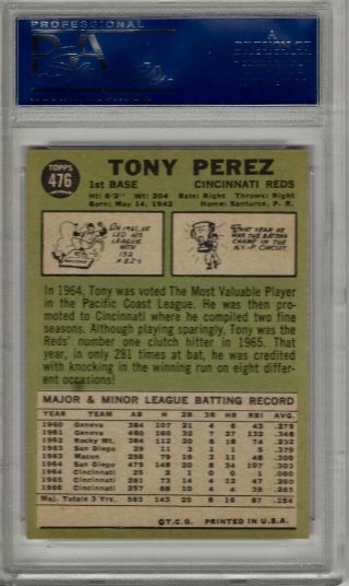 1967 TOPPS TONY PEREZ 476 PSA 9 RARE HIGH - END CARD HARD TO FIND 2