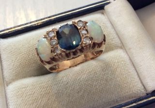 Ladies Vintage Solid 9 Carat Gold Blue Topaz Opal & Diamond Ring N 1/2