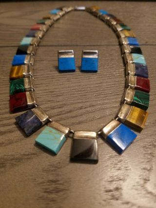 Vintage Taxco Mexico Sterling Silver 925 Multi Gem Lapis Turquoise Necklace W/e