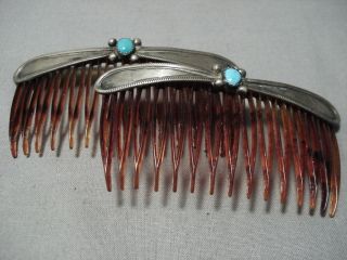Earlier 1900 Vintage Navajo Turquoise Sterling Silver Hair Comb Barrette