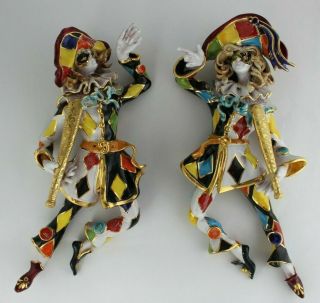 Rare Mid Century Italian Pottery Harlequin Jester Wall Plaques Fabulous Color