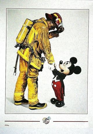Vintage 1993 Mickey Mouse Shaking Hands With A Firefighter Print Tube