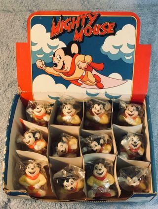 Vintage 1960s - 70s Store Counter Display With 12 Mighty Mouse Figures,  3 Types