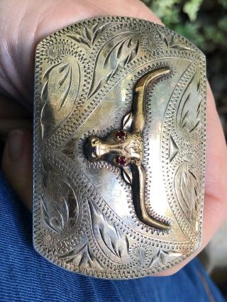 A,  Vintage Sterling Silver & 10K Gold Southwestern Longhorn Ricardo Belt Buckle 3