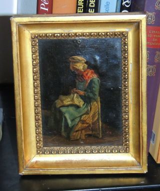 Flemish School,  Circa 1870: The Seamstress,  Touching Oil Painting,  Antique Frame