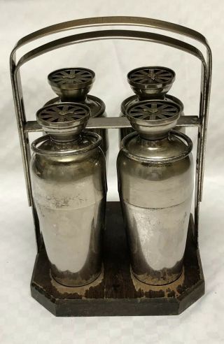 Vintage Napier Set Of 4 Cocktail Shakers & Caddy Made In The Usa 1930’s Mixology